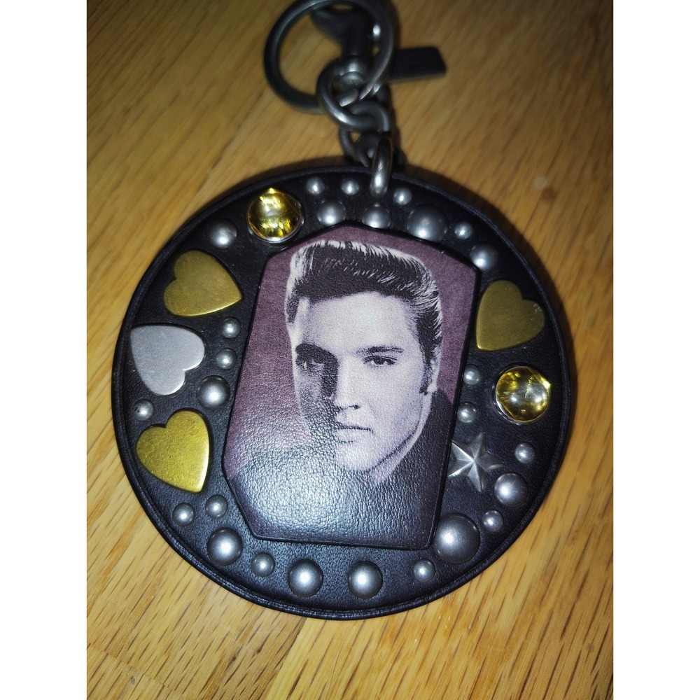 Coach Elvis Presley Love Me Tender Leather Bag Charm Keychain Black Gold Rare